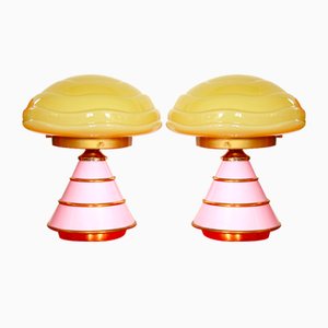 Lampade da tavolo Art Déco rosa e gialle, Italia, anni '60, set di 2