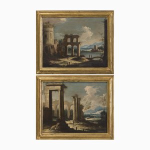 Escuela de artista veneciana, Vistas del Véneto, década de 1800, pinturas al óleo sobre lienzo, enmarcado, Juego de 2