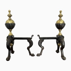 Antique Victorian Brass and Iron Fire Dogs, 1860, Set of 2