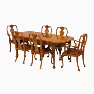 English Burr Walnut Dining Table and Six Chairs, 1930s, Set of 7