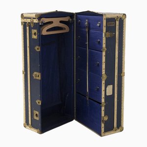 Vintage Italian Brass and Blue Leather Travel Cabinet by Claudia Mori, 1950