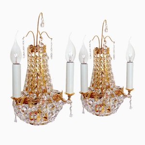 24 Karat Gilded Brass Lead Crystal Wall Lamps from Palwa, 1960, Set of 2
