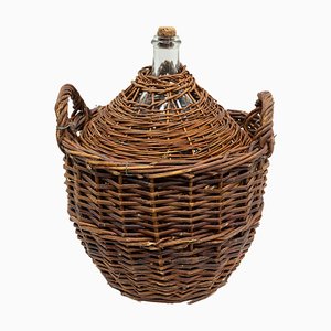 White Glass Bottle Wicker Basket, France, 1920s