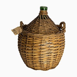 Green Glass Bottle Wicker Basket, France, 1920s