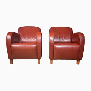 Vintage Red Leather Armchairs, Set of 2