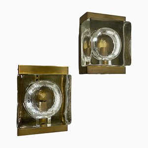 Cubic Brass Glass Wall Lights attributed to Vitrika Lights, Denmark, 1960s, Set of 2