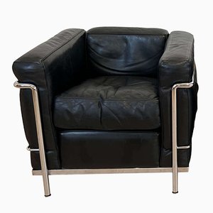 Black Leather LC2 Petit Confort Club Chair with Chromed Frame by Le Corbusier, Italy, 1975