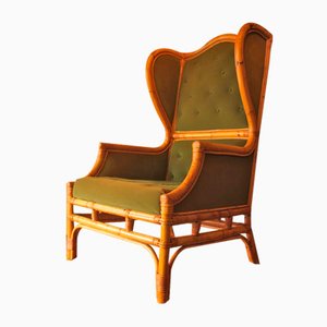 Fauteuil Wing Mid-Century en Bambou et Velours Vert Olive, 1970s