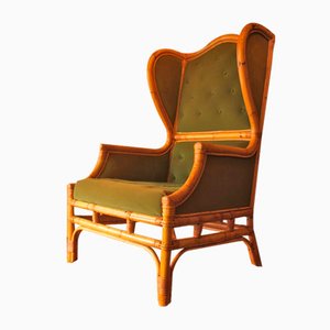Mid-Century Wing Sessel aus Bambus & Olivgrünem Samt, 1970er
