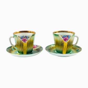 Antique Imperial Russian Art Nouveau Hand Painted Porcelain Tea Cup and Saucer from Kuznetsov, Set of 4