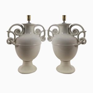 Mid-20th Century Art Nouveau Italian White Ceramic Table Lamps by Bassanello Ceramics, 1940s, Set of 2