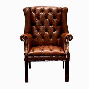 Vintage Chesterfield Wing Chair in Brown Leather