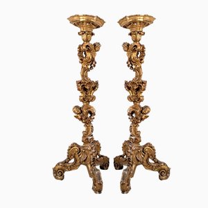 Antorchas italianas barrocas de madera dorada, década de 1800. Juego de 2