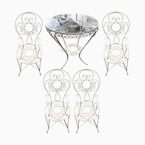 19th Century Garden Table and Iron Chairs in Forged Blan, Set of 5