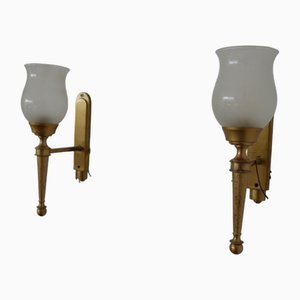 French Brass and Glass Wall Lights, Set of 2