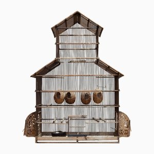 Jaula para pájaros francesa vintage grande de hierro y madera oxidados, años 20