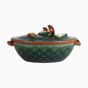 Ceramic Basket Casserole with Vegetable and Mushroom Lid, Belgium, 1930s
