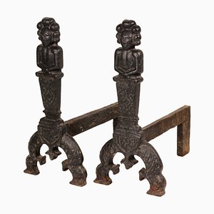 Antique Victorian Gothic Iron Fire Dogs, 1800s, Set of 2