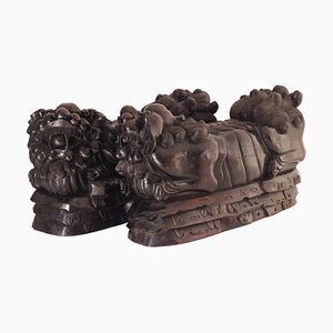 Temple Dogs Foo Antique Sculpté, 1800s, Set de 2