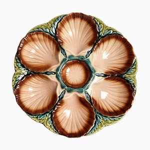 19th Century Sarreguemines Majolica Seaweed and Shell Barbotine Oyster Plate, 1890s