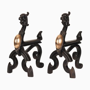19th Century Victorian Gryphons Gothic Fire Dogs, Set of 2