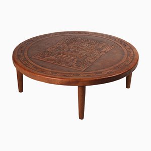 Mid-Century Modern Leather and Wood Circular Coffee Table attributed to Angel I. Pazmino, 1969