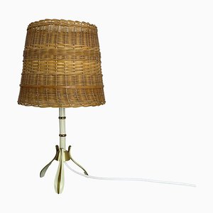 Original Tischlampe aus Rattan & Messing von United Workshops München, 1950er