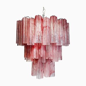 Large Three-Tier Murano Glass Tube Chandelier with Pink Alabaster, 1980s