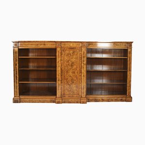 Antique Victorian Burr Walnut & Inlaid Breakfront Open Bookcase, 19th Century