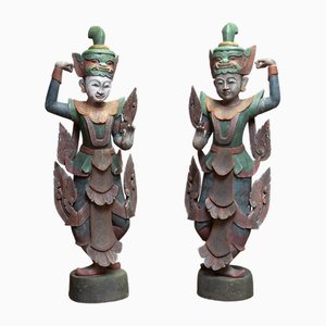 Large 19th Century Polychromed Burmese Nat Temple Dancers, Set of 2