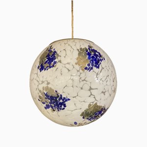 Lampada a sfera in vetro di Murano bianco latte con murrine blu e foglia oro di Simoeng