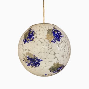 Milchig-weiße Kugel Lampe aus Muranoglas mit Blau & Gold-Blatt Murrine von Simoeng