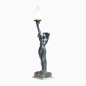 Art Deco French Biba Woman Table Lamp Pewter on Marble Base in the style of Max Le Verrier, 1920s