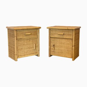 Bedside Tables in Wicker and Bamboo, 1970s, Set of 2