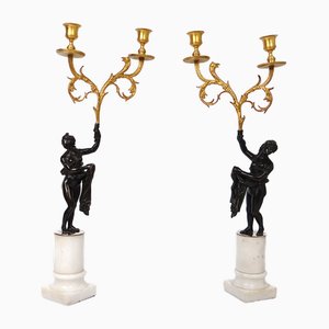 Two-Fire Candleholders in Bronze and Carrare Marble, Set of 2