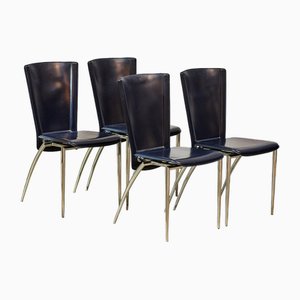 Postmodern Leather & Chrome Dining Chairs from Frag, Italy, 1980s, Set of 4