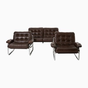 Vintage Leather Sofa and Armchairs Model Borkum by Johan Bertil Häggström for Ikea, 1978, Set of 3