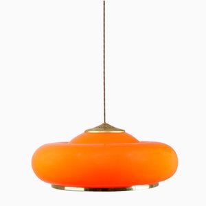 Lámpara colgante era espacial de latón naranja y vidrio acrílico, años 70