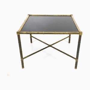 Vintage Square Brass and Black Opaline Glass Coffee Table attirbuted to Jacques Adnet, 1950s
