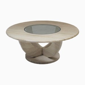 Round Travertine and Glass Coffee Table