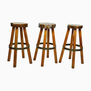 Tabourets de Bar en Loupe de Bois, 1970s, Set de 3