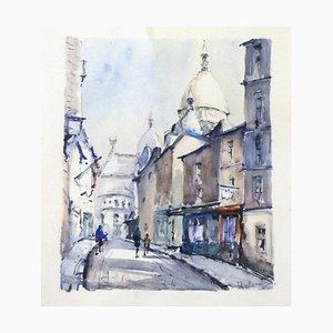 Lucien Delarue, Rue de Montmartre in Paris, 1960er, Aquarell, gerahmt