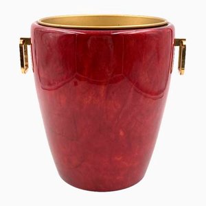 Brass and Red Parchment Cooler / Ice Bucket by Aldo Tura, Italy, 1960s