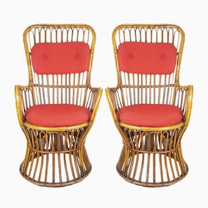 Mid-Century Italian Rattan & Red Wool Seat High Back Armchairs, 1950s, Set of 2