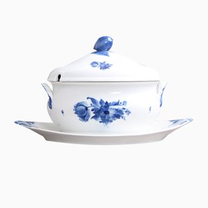 Blue Flower 8113 and 8110 Soup Bowl with Saucer from Royal Copenhagen, 1920s, Set of 2