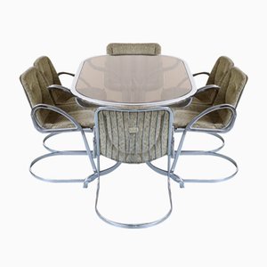 Dining Table and Chairs in Chrome and Smoked Glass by Gastone Rinaldi for Rima, 1970s, Set of 7