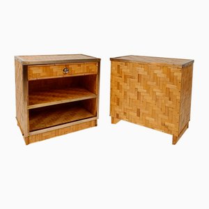 Italian Bedside Tables in Bamboo Cane, Rattan and Brass, 1970s, Set of 2