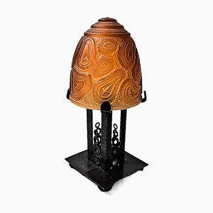 French Art Deco Lamp with Hammered Steel Base