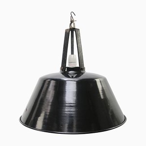 Grande Lampe à Suspension Industrielle Vintage en Émail Noir, France, 1950s