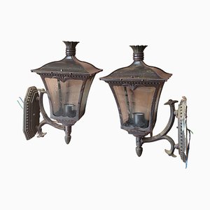 Lampade da parete vintage a forma di lanterna in metallo e vetro, Spagna, set di 2